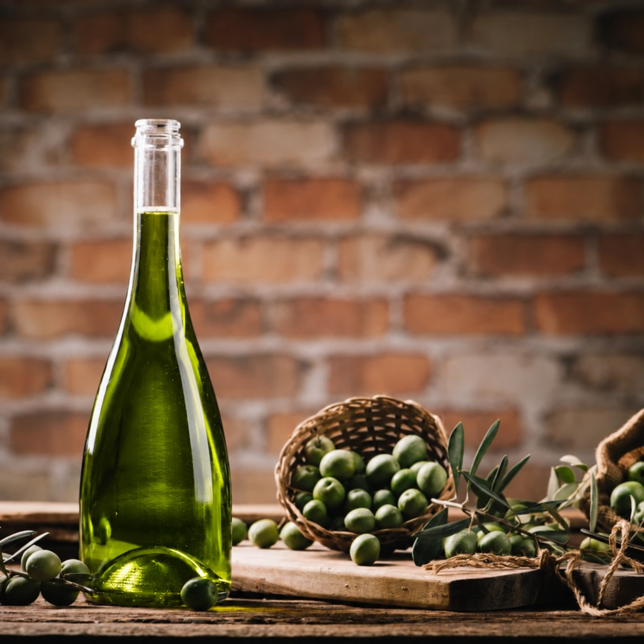 Botella de aceite de oliva virgen extra de cosecha temprana junto a una cesta de aceitunas
