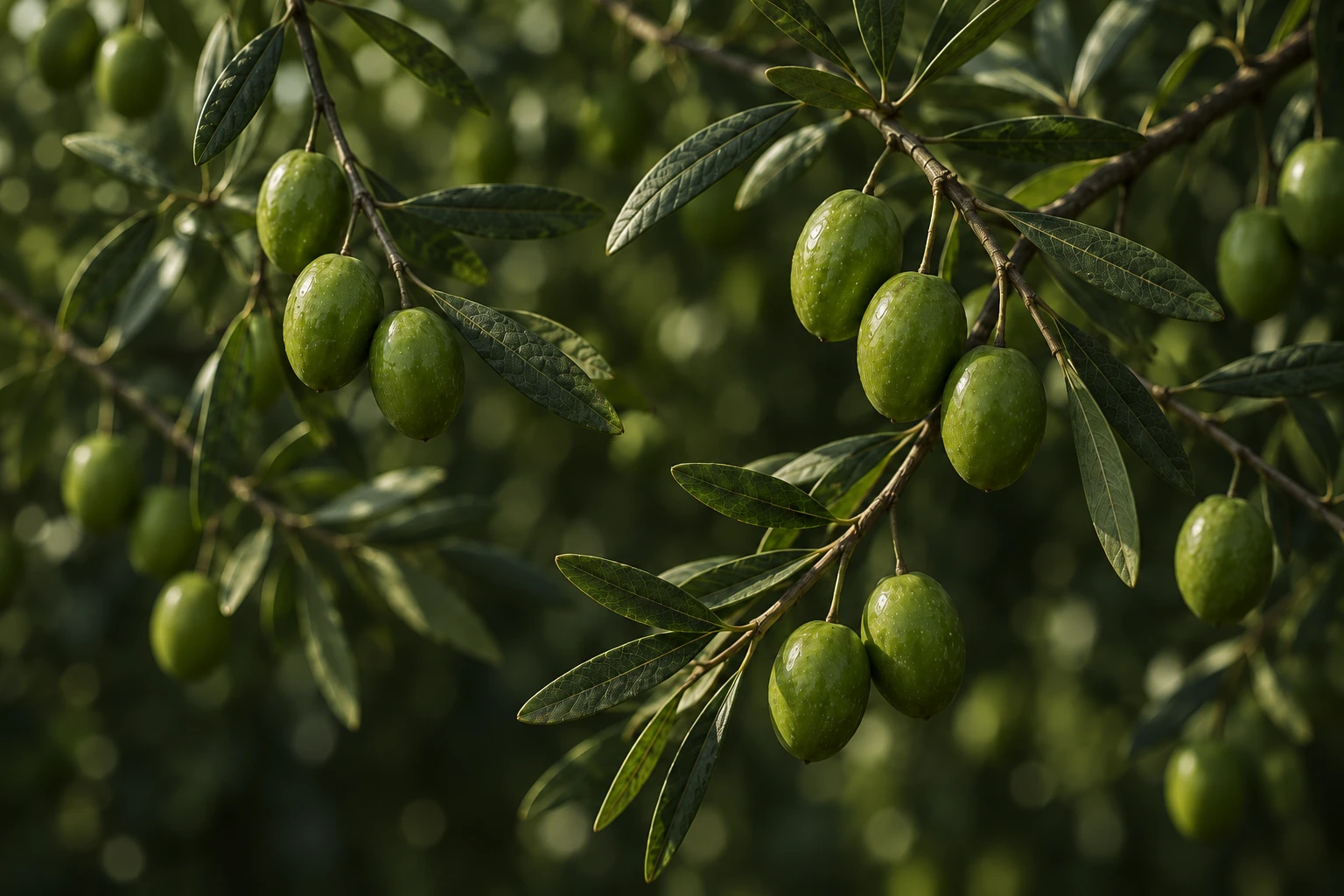 Aceitunas verdes en la rama del olivo, al inicio de la campaña