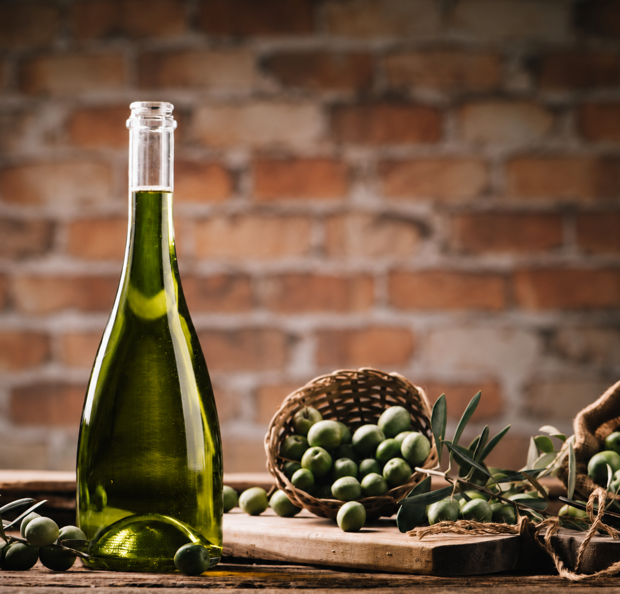 Botella de aceite de oliva junto a una cesta de aceitunas