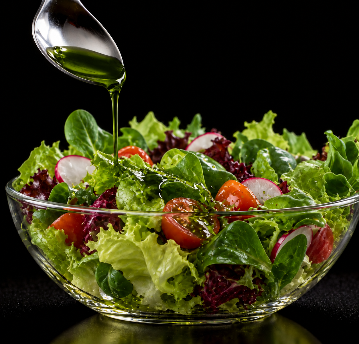 Salade fraîche et huile vierge extra verte de récolte précoce