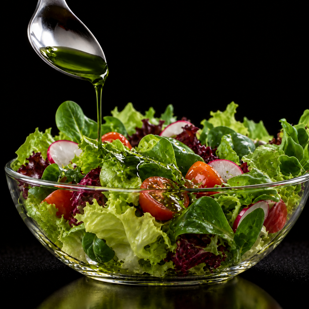 Salade fraîche et huile vierge extra verte de récolte précoce
